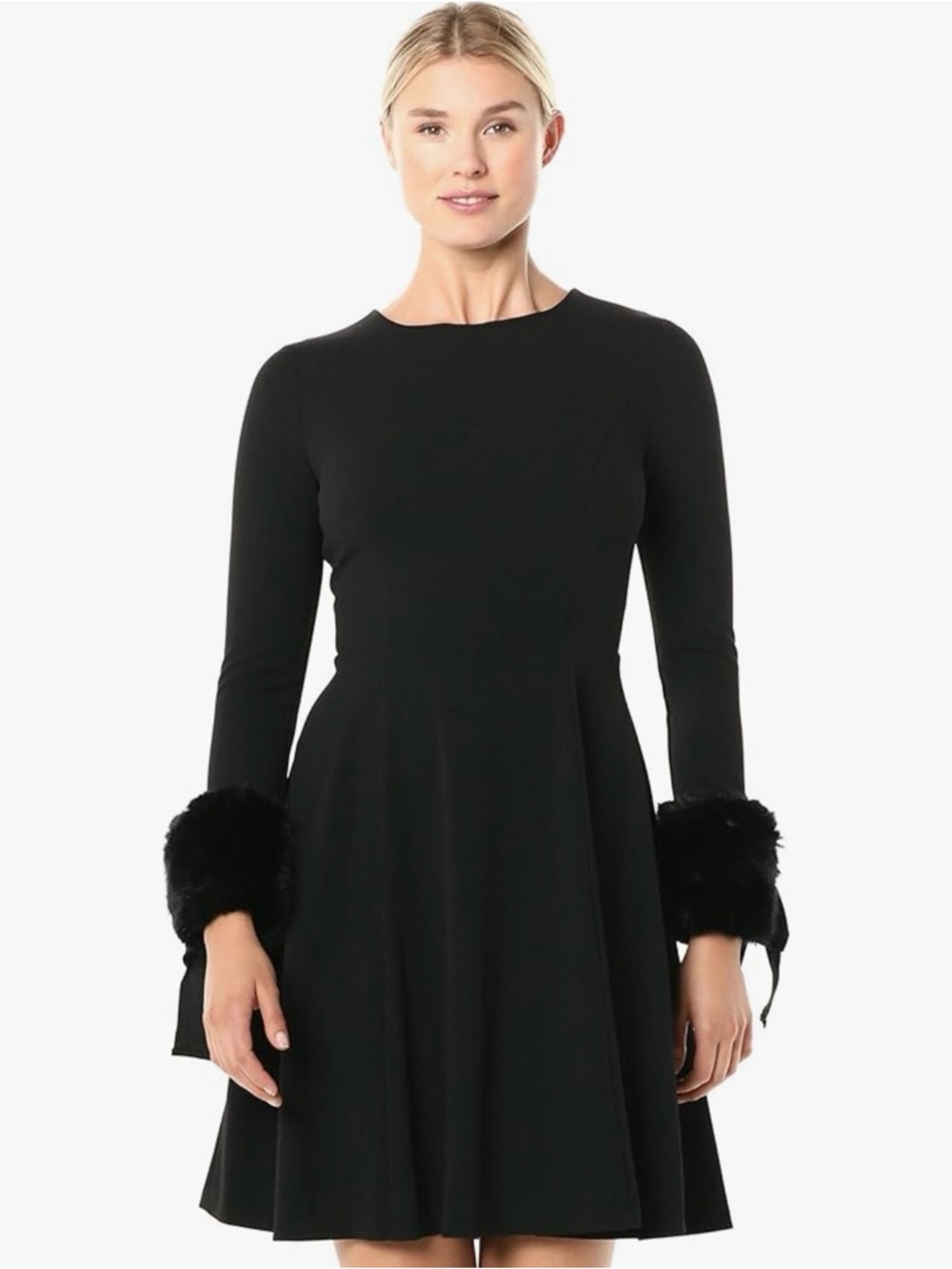 Calvin Klein Black Asymmetrical Dress with Faux-Fur Cuffs